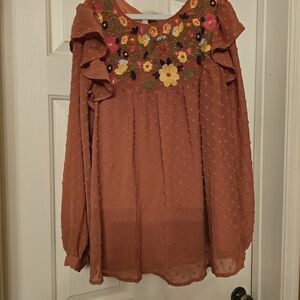 JODIFL Rust Blouse with Colorful Floral Embroidery